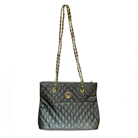 Vintage St. John Womens Black Canvas Quilted Tote Chain Strap - Picture 3 of 16